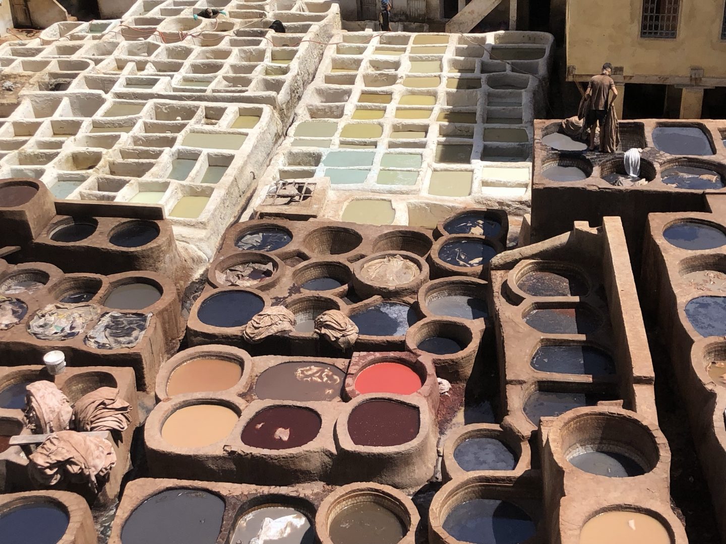 Leather dyeing in a traditional tannery in the city of Fez, Morocco.