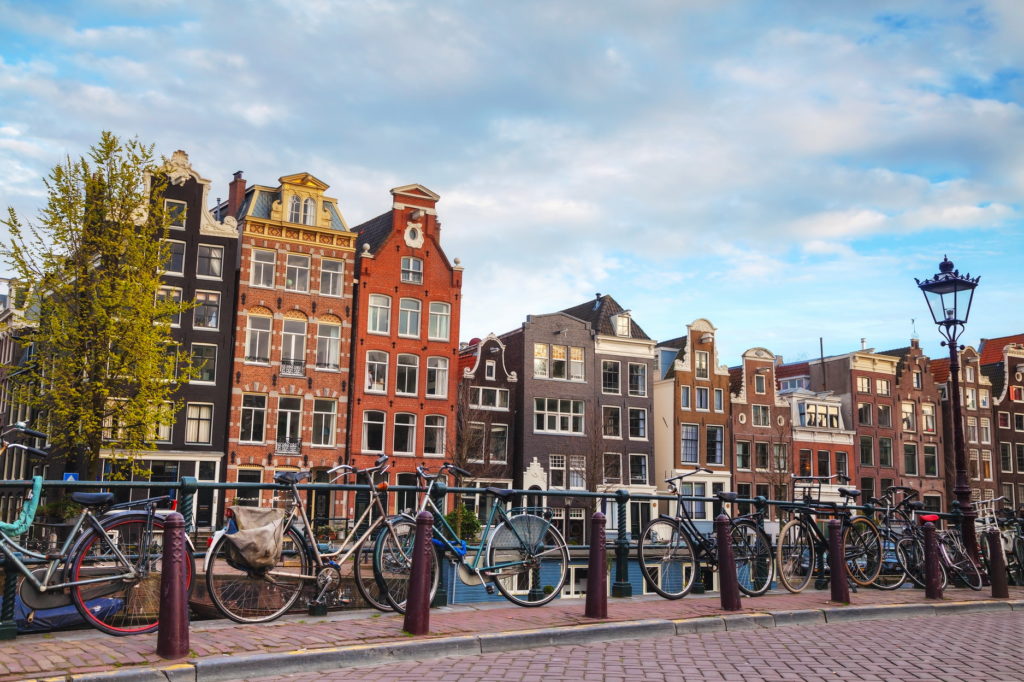 Bicycles parked on a bridge in Amsterdam, the Netherlands