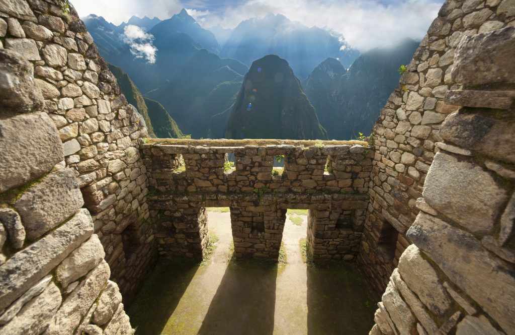 Details of Inca wall in the impressive ancient city of Machu Picchu, Peru