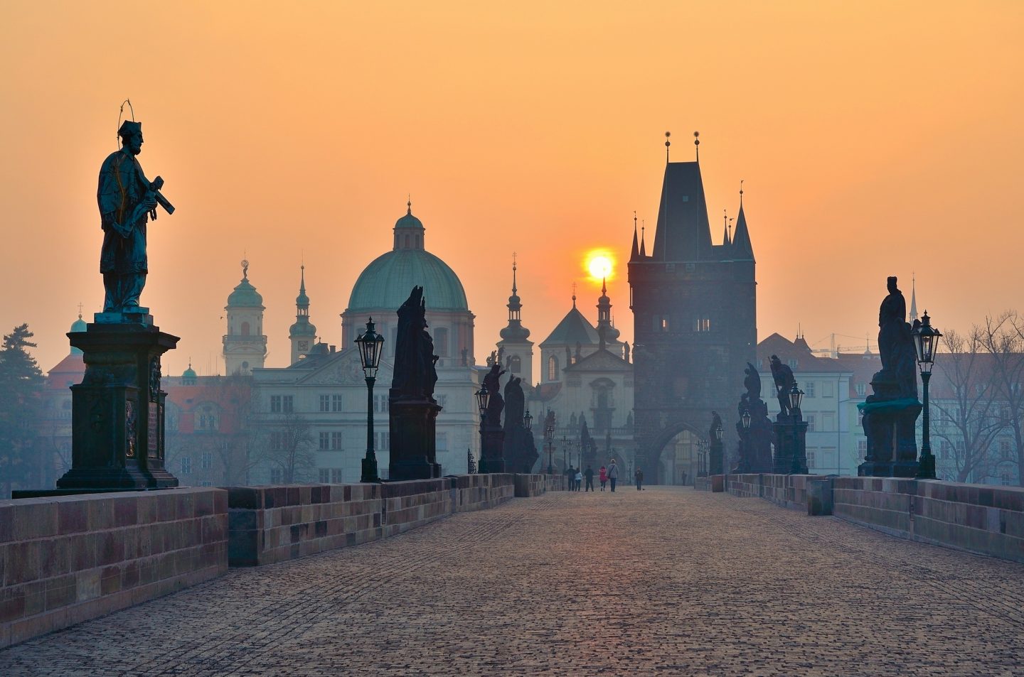 Sunrise over Prague with a view from the Karluv Bridge