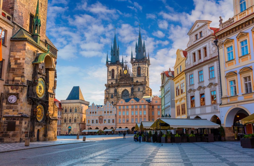 Sunny spring morning in Prague on the Old Town Square with the Tyn Church, Czech Republic