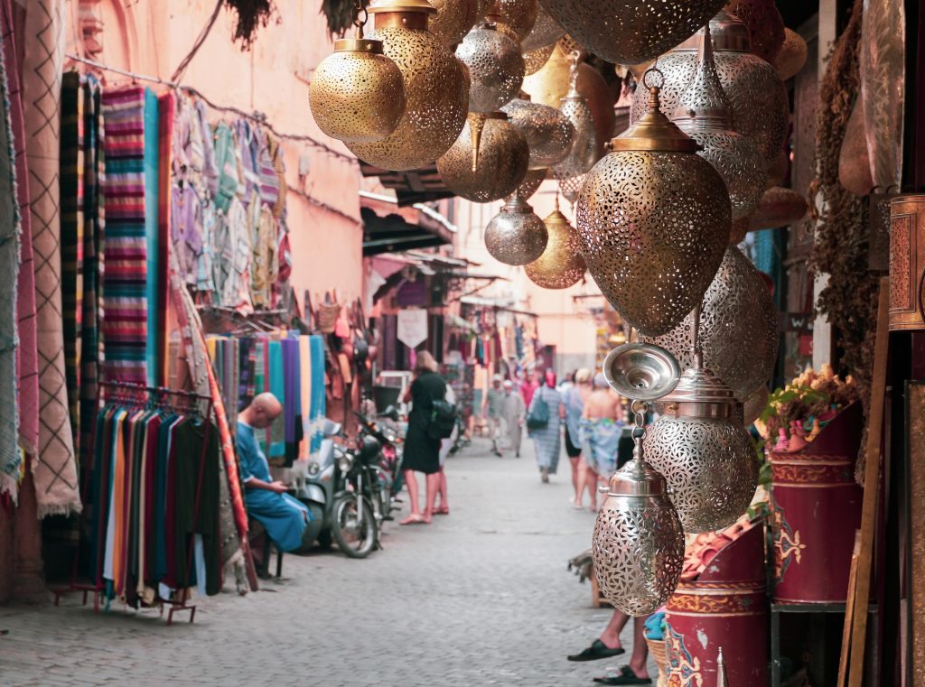 Find a treasure in a magical market or souk in Marrakech, Morocco.