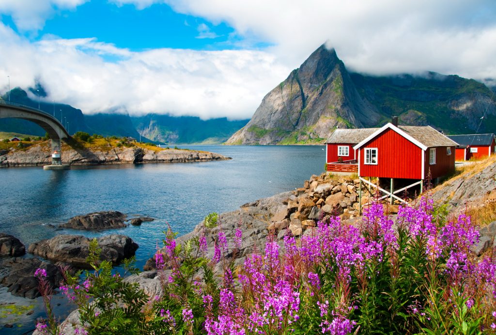 Typical red fishermen's houses in a harbour on the Lofoten Islands, Norway
