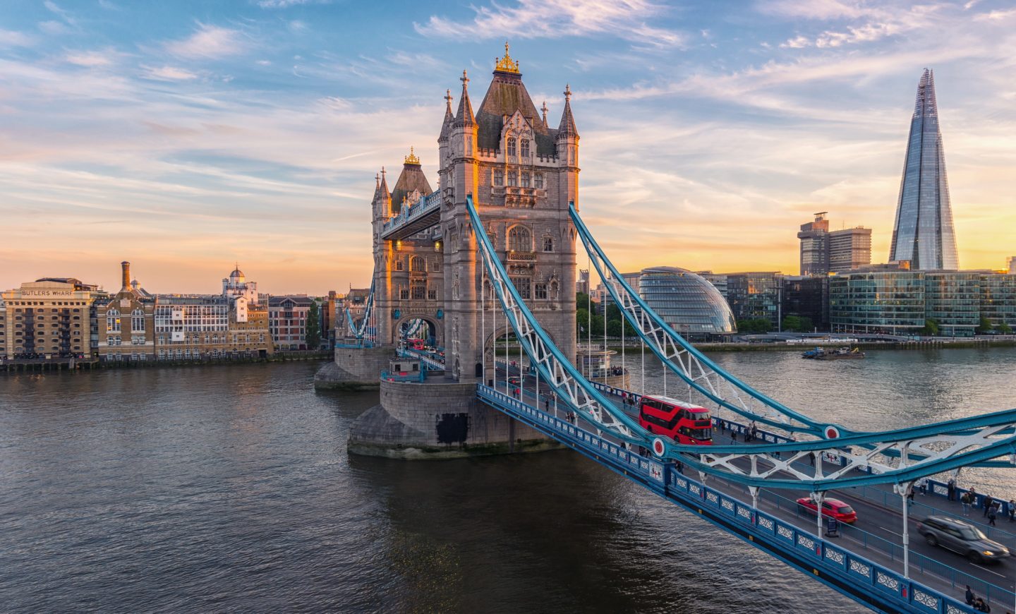 Sunset and skyline behind Tower Bridge in London on a beautiful evening
