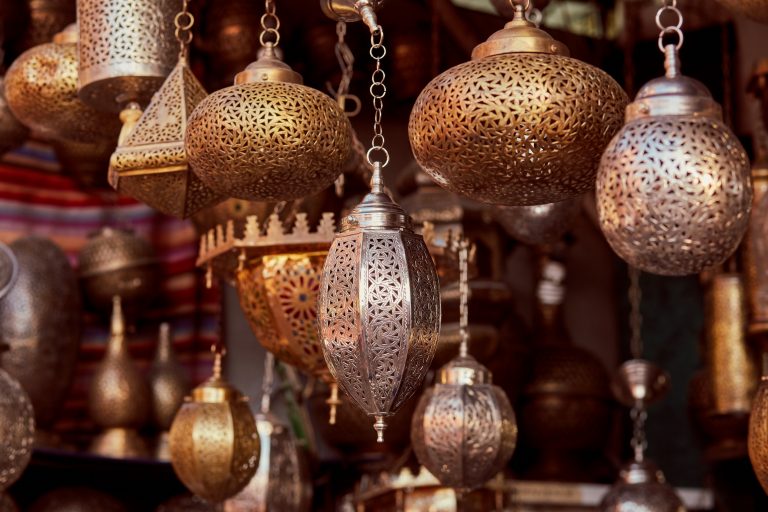 Luminous lamps made of metal in the medina of Marrakech, Morocco