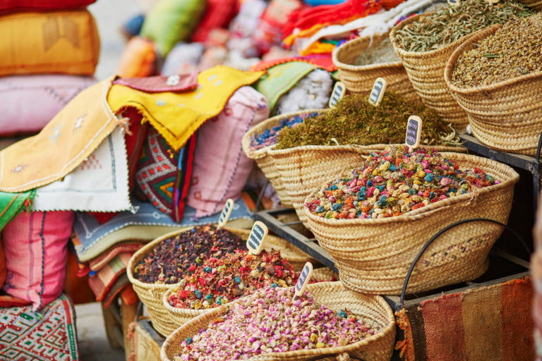 Selection of herbs and dried flowers at a market in Fez, Morocco.