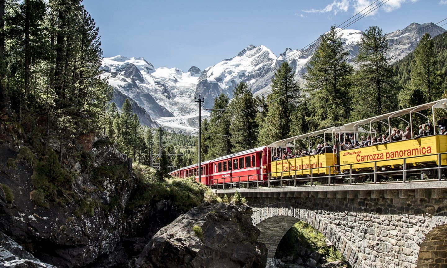 Enjoy stunning views from the panoramic observation cars of the Bernina Express