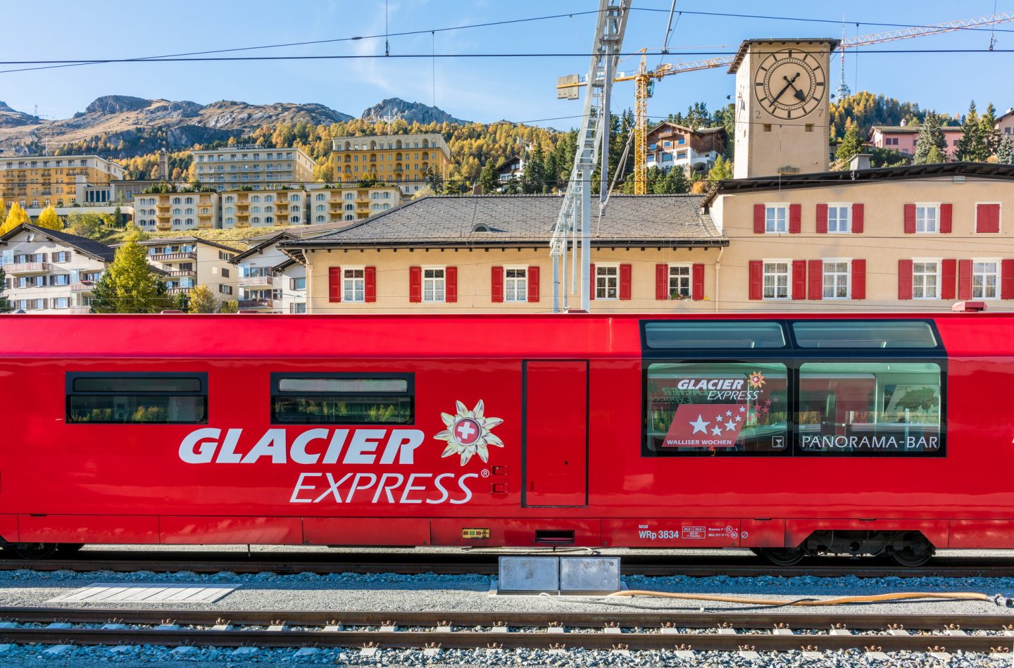 Glacier Express at the station in St. Moritz on its way to Zermatt.