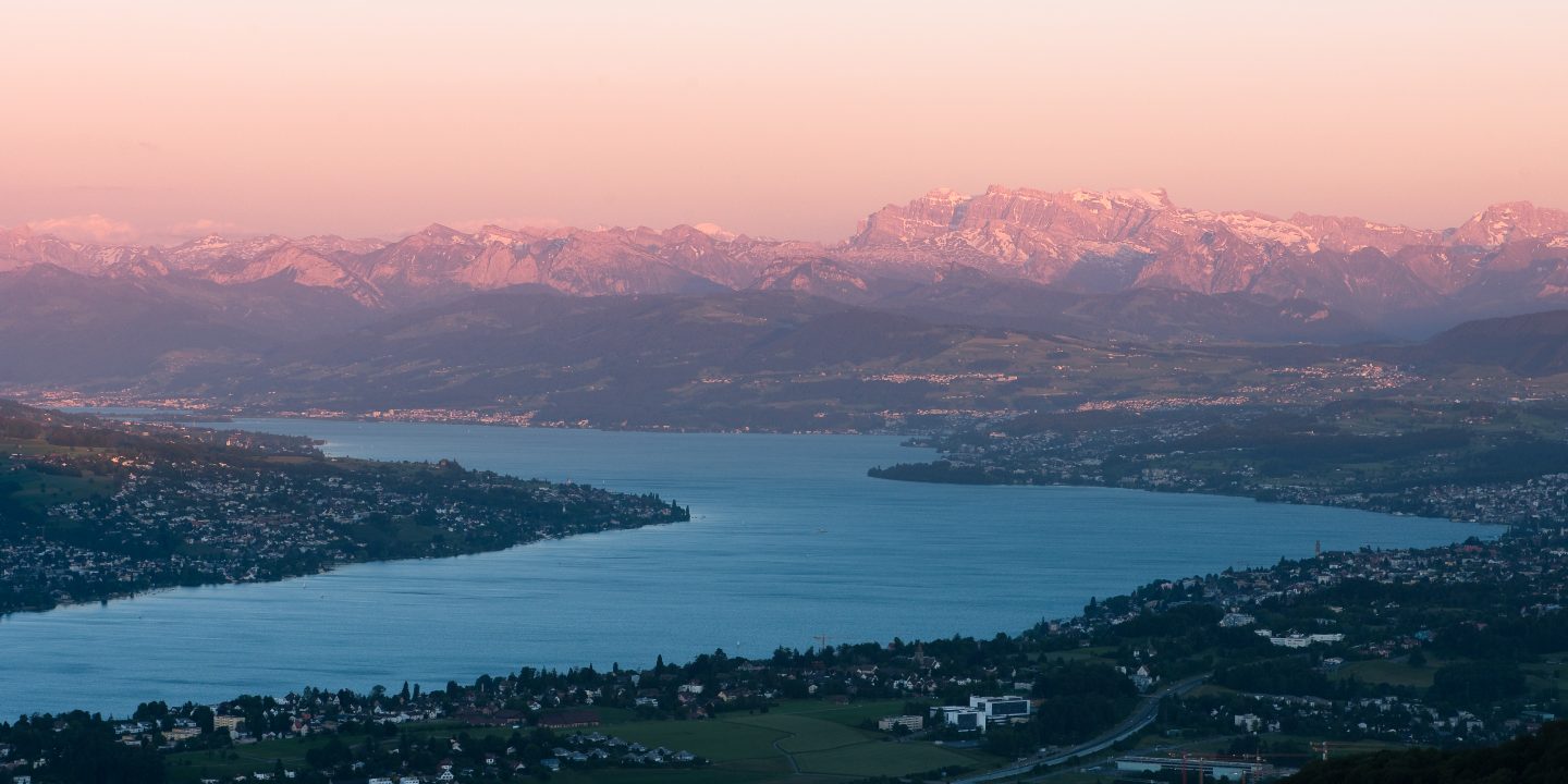 View of Zurich lake and city with the mountains in the background