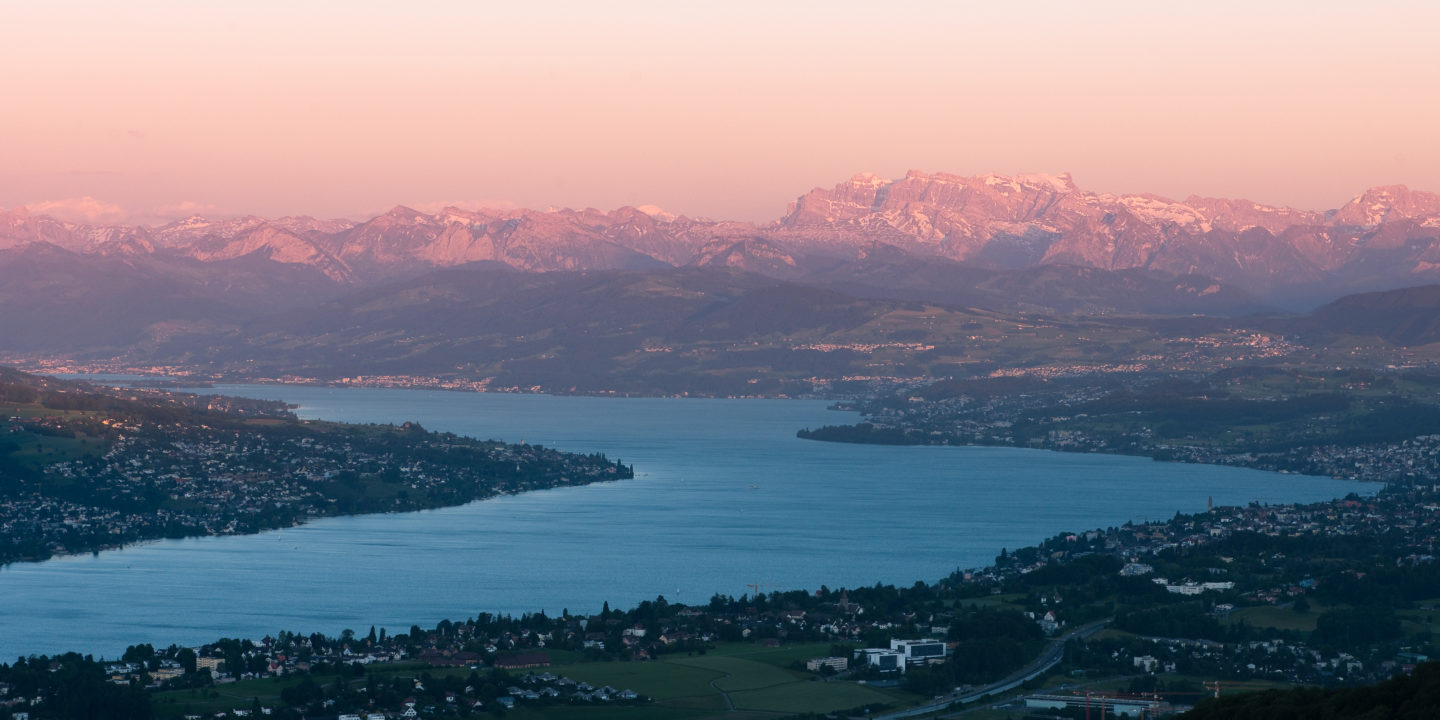 View of Zurich lake and city with the mountains in the background