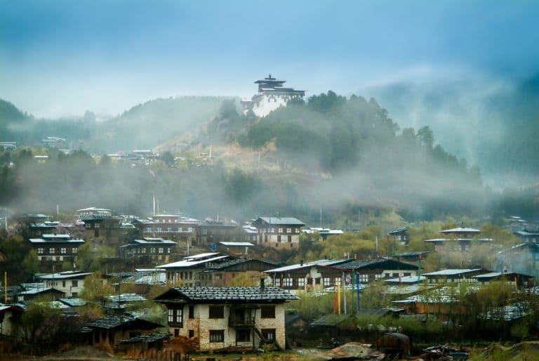 Foggy day over a town in Bhutan