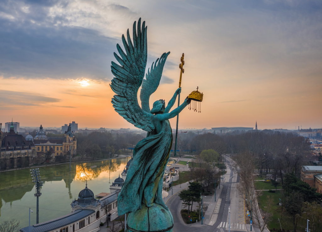 View of Archangel Gabriel on Heroes Square in the morning in Budapest, Hungary.