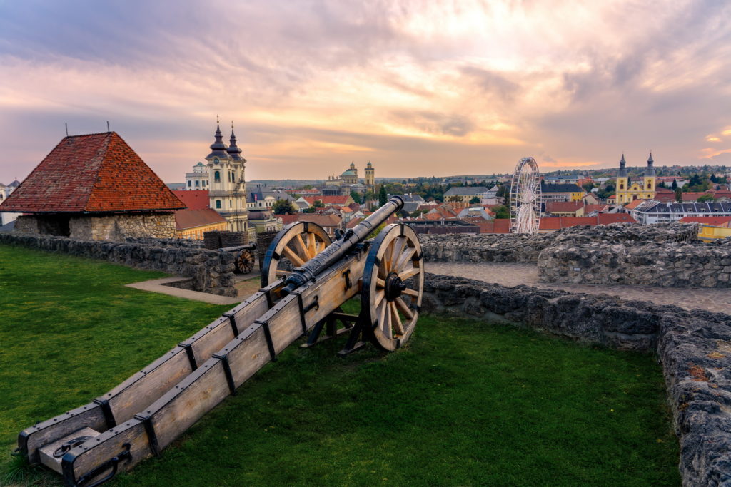 Aerial view of the castle with cannons in Eger Hungary.