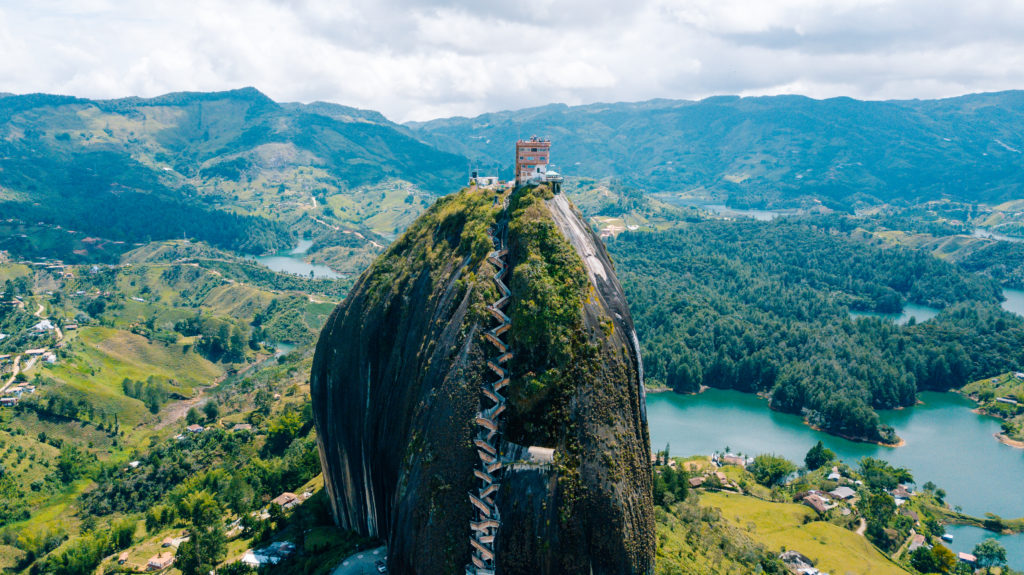 The Rock of Guatapé is a landmark inselberg in Colombia