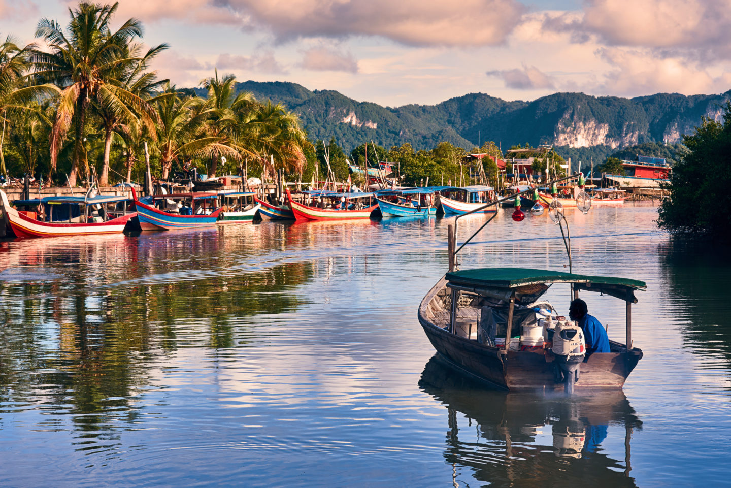 View on the Malaysian fishing boats off the coast