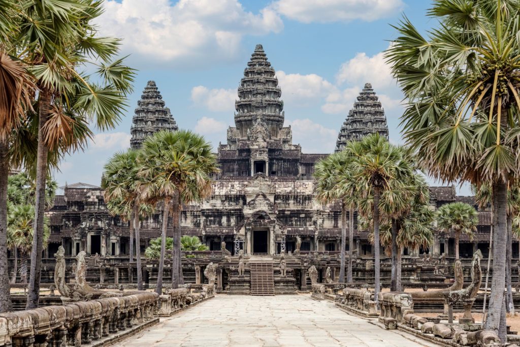 Empty Angkor Wat in Cambodia on a sunny day.