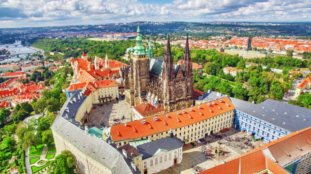 View of the Prague Castle are from the air showing St Vitus' cathedral