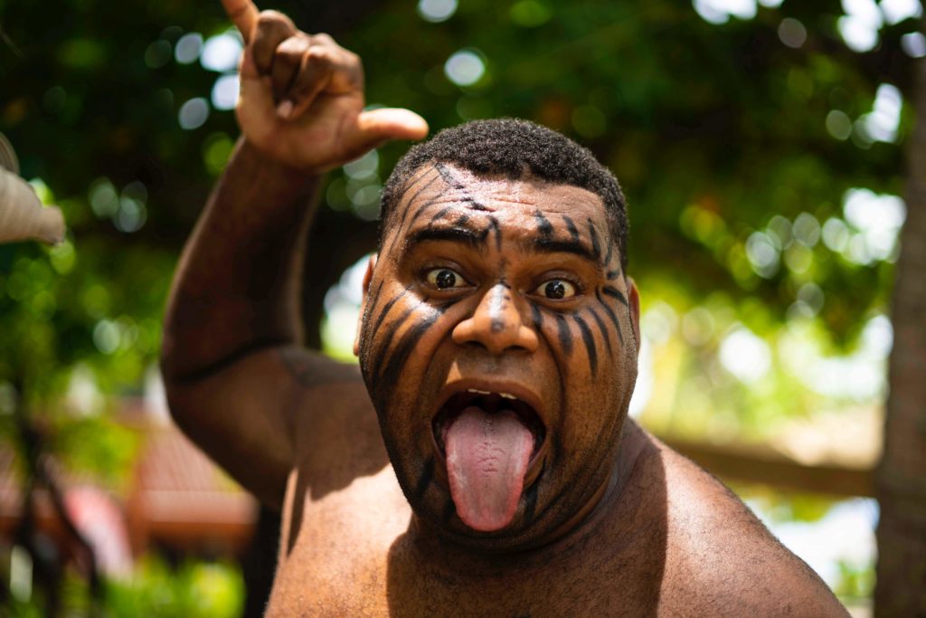 Man with face painting in Fiji used for certain cultural events, ceremonies or performances.