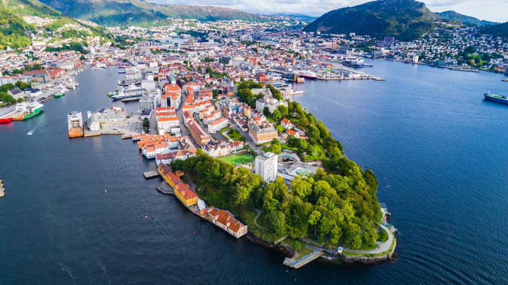 Beautiful aerial view of the old town of Bergen, Norway.
