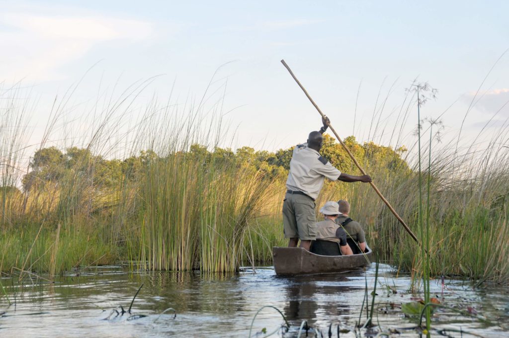 Tourist enjoying a water safari in Botswana, seated in a Mokoro canoe, in the Okavango Delta.