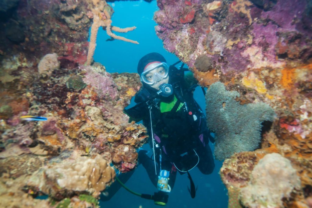 A scuba diver explores a World War II shipwreck in the Coron area of Palawan, Philippines.