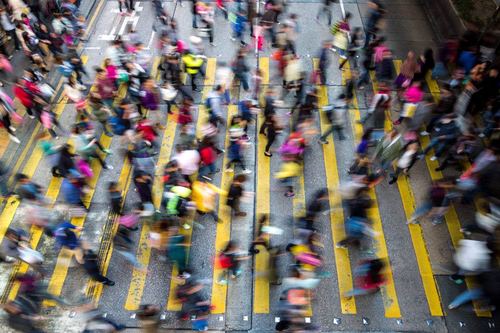 Hong Kong's topography of dense, high-rise buildings leads to large numbers and densities of pedestrians at street level