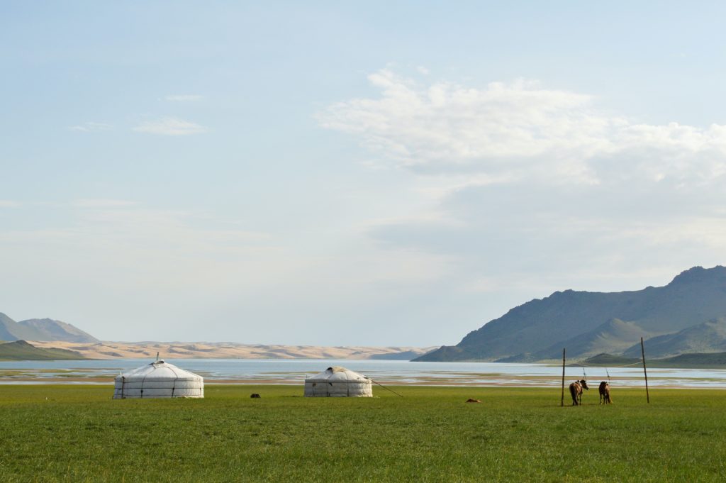 Two traditional yurts on a lush green field with a serene lake and mountains.