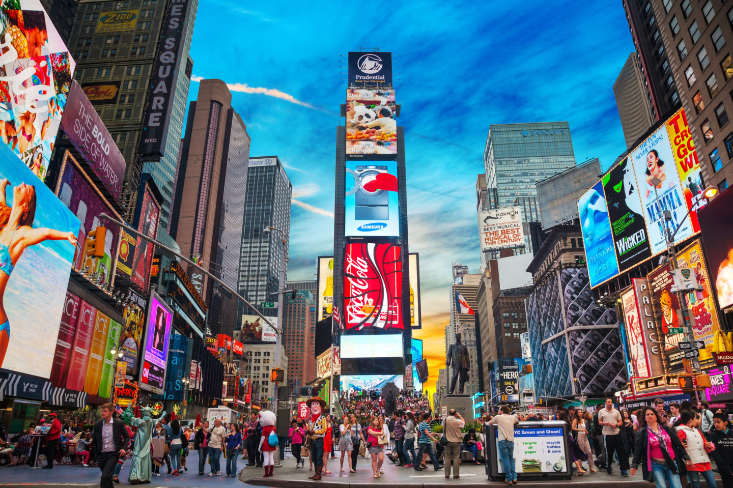 Times Square, The Crossroads of the World, the brightly illuminated hub of the Broadway Theater District
