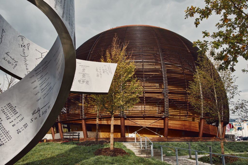 In Geneva, Switzerland, the Globe of Science & Innovation at CERN, featuring the Large Hadron Collider (LHC), designed by Canadian artist Gayle Hermick.