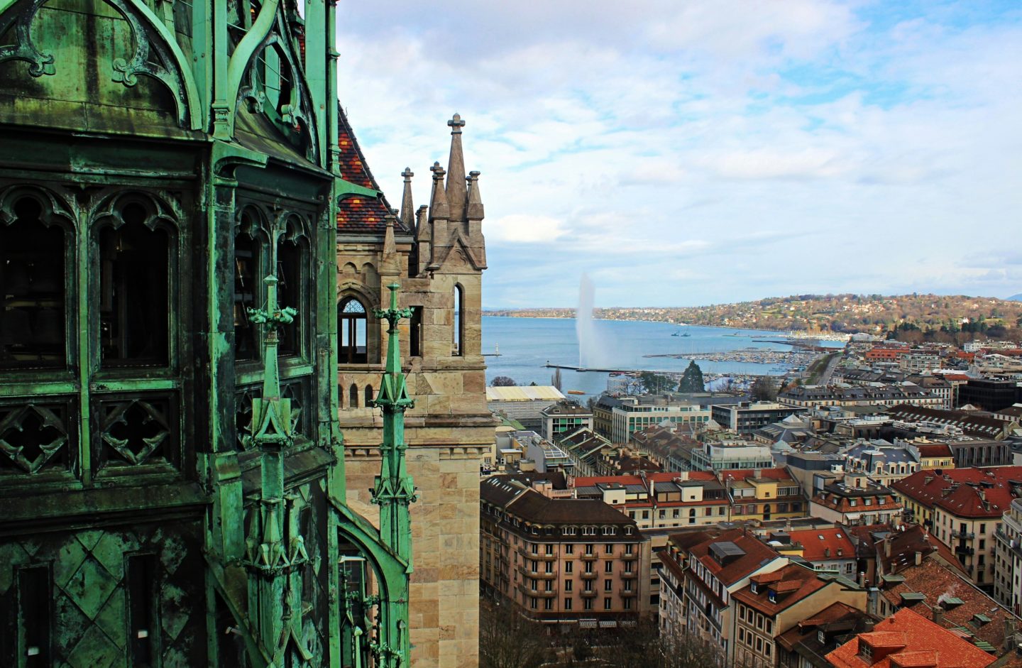 The cityscape of Geneva unfolds beneath, as seen from the summit of Saint-Pierre Cathedral in Switzerland.