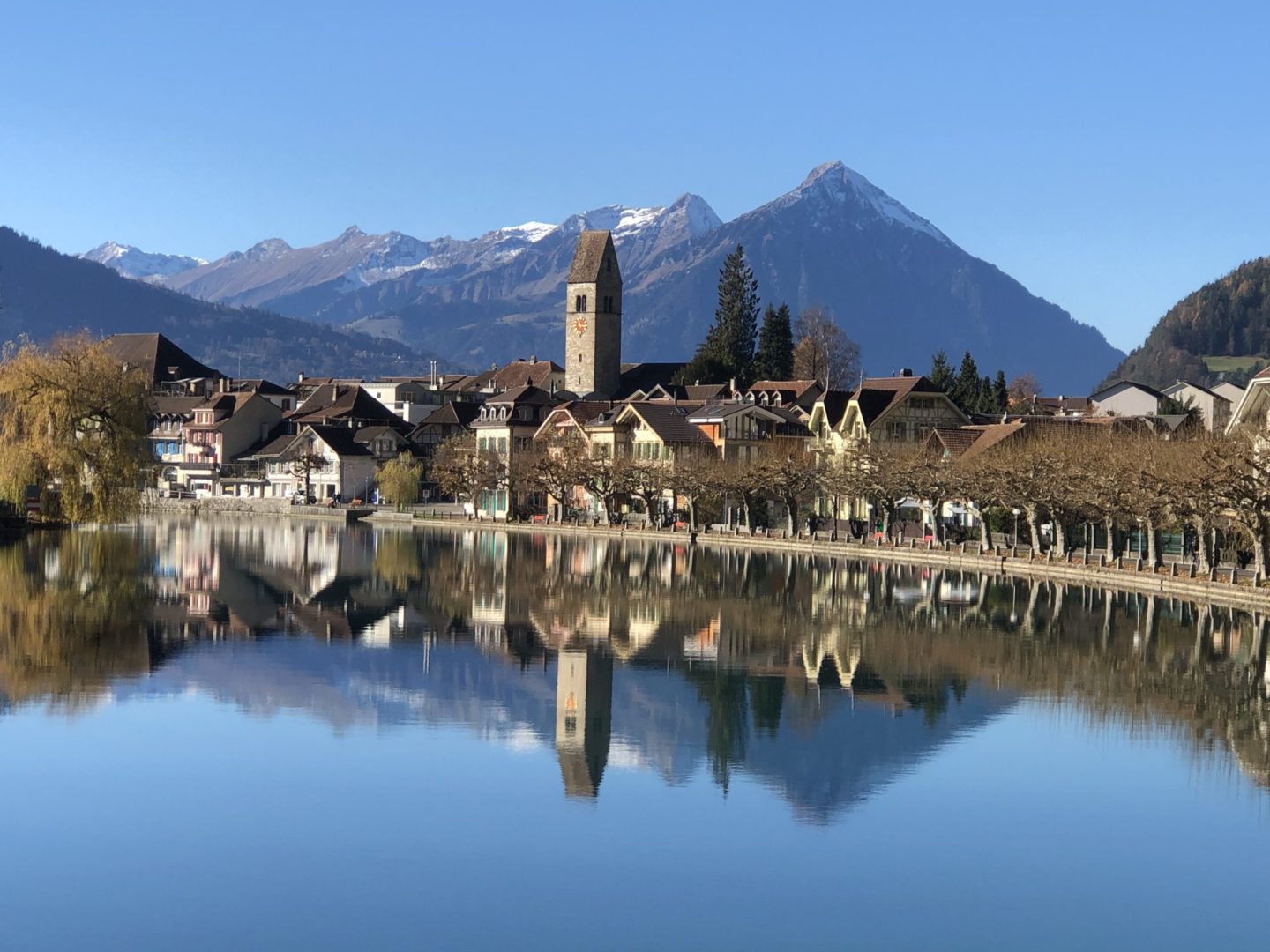 Interlaken, nestled between Lake Thun and Lake Brienz.