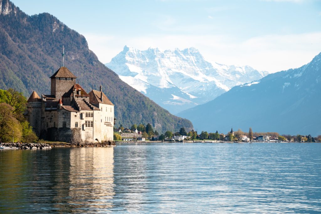 View of Chateau de Chillon against the backdrop of Lac Léman in Montreux, Switzerland.