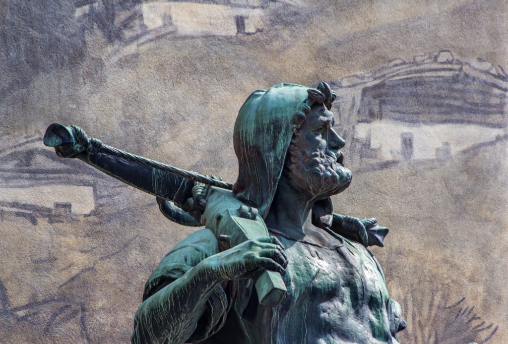 Statue of Wilhelm Tell, the folk hero of Switzerland at the Rathausplatz of Altdorf, Switzerland.