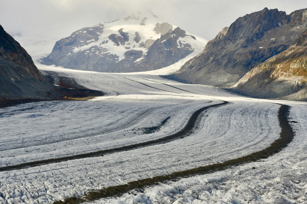 Expansive panorama capturing the Aletsch Glacier from Eggishorn in Switzerland, showcasing the grandeur of the largest glacier in the Alps and Europe.