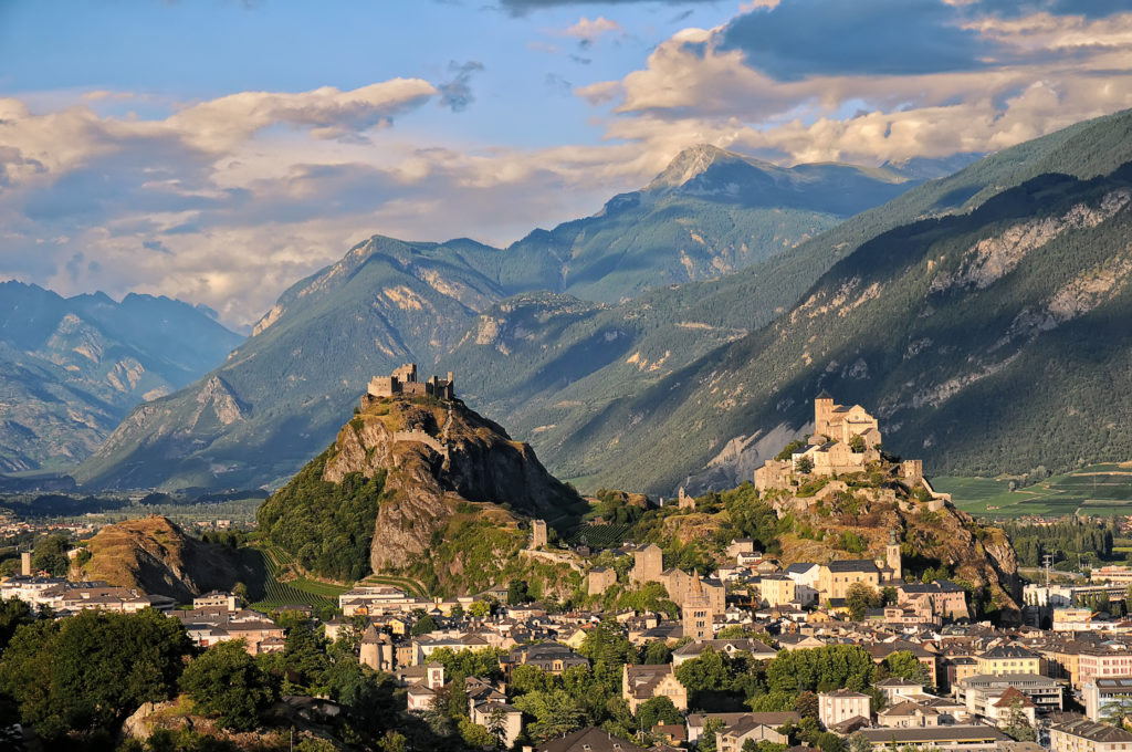 The medieval castles Valere and Tourbillon and the town of Sion Switzerland.
