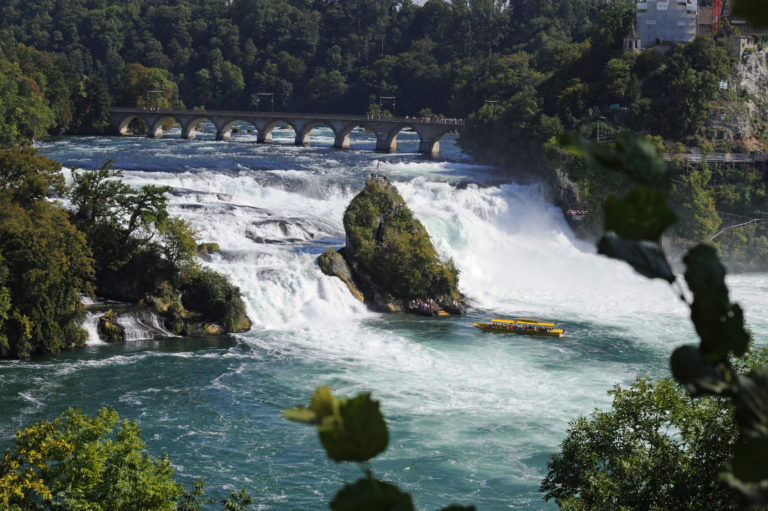 Evening at the Rhine Falls waterfall located Neuhausen near Schaffhausen in northern Switzerland