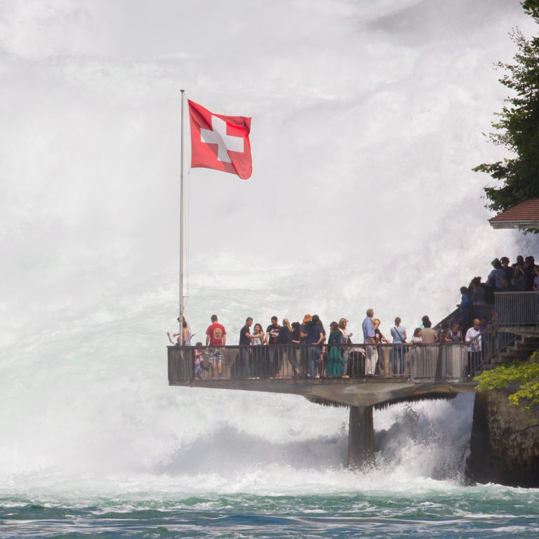 Tourist platform directly over the wild water of the Rhine Falls