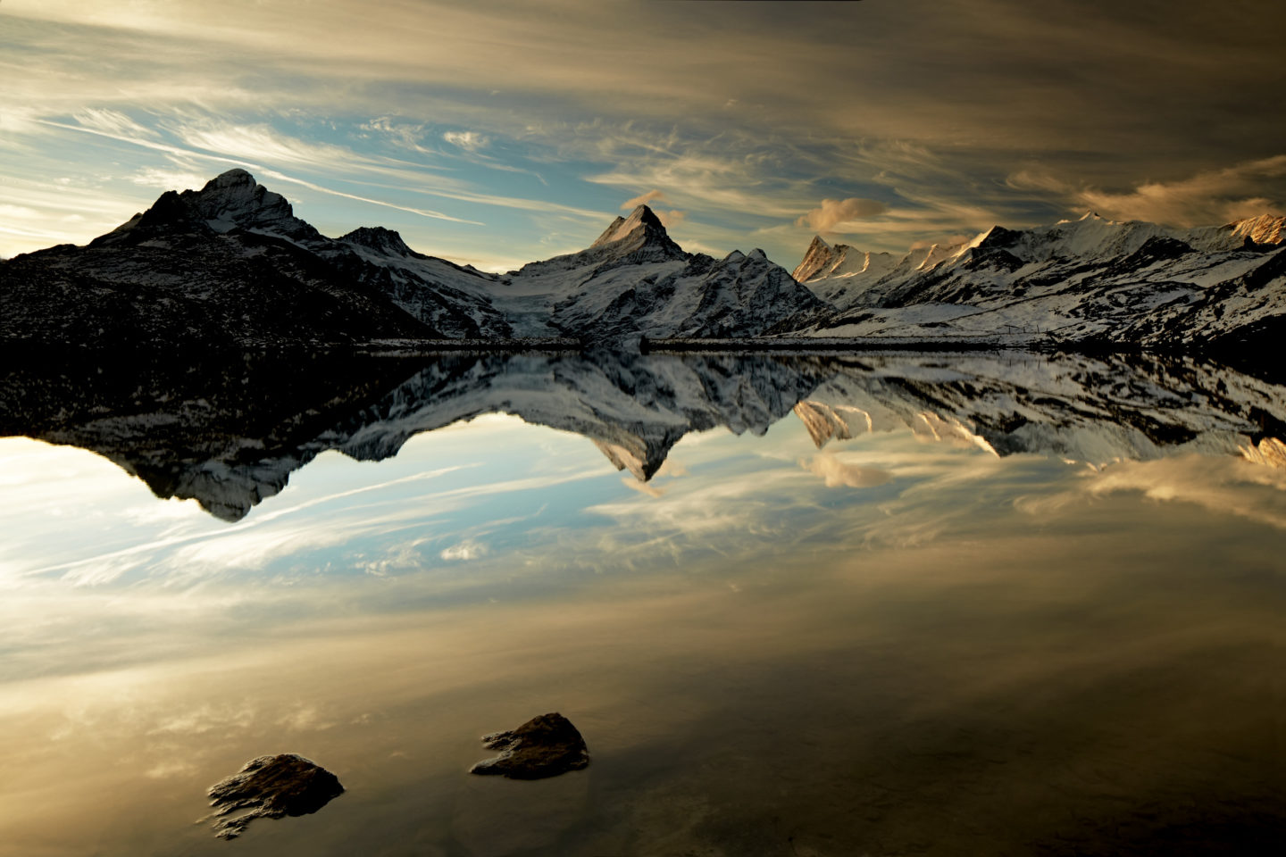 Switzerland. get natural. Sunrise over the Bachalpsee, a picturesque small mountain lake on the ridge above Grindelwald in the Bernese Oberland.