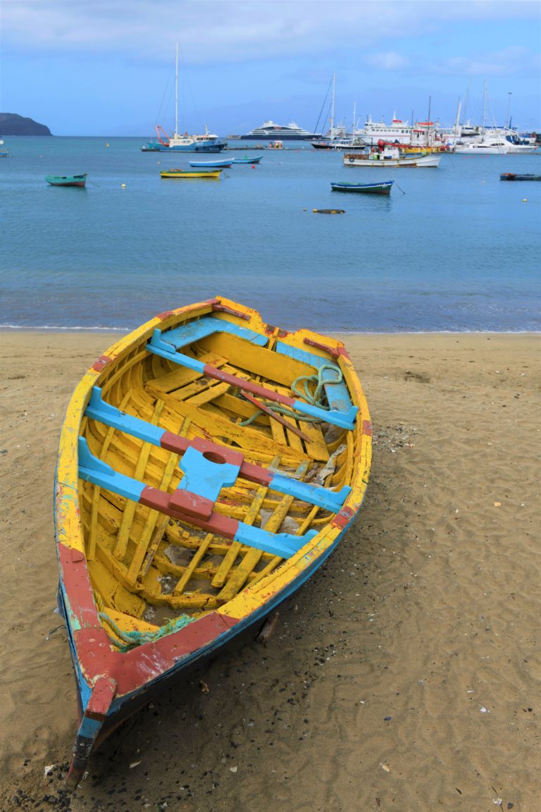 A boat stands on the beach on Sal in Cape Verde.