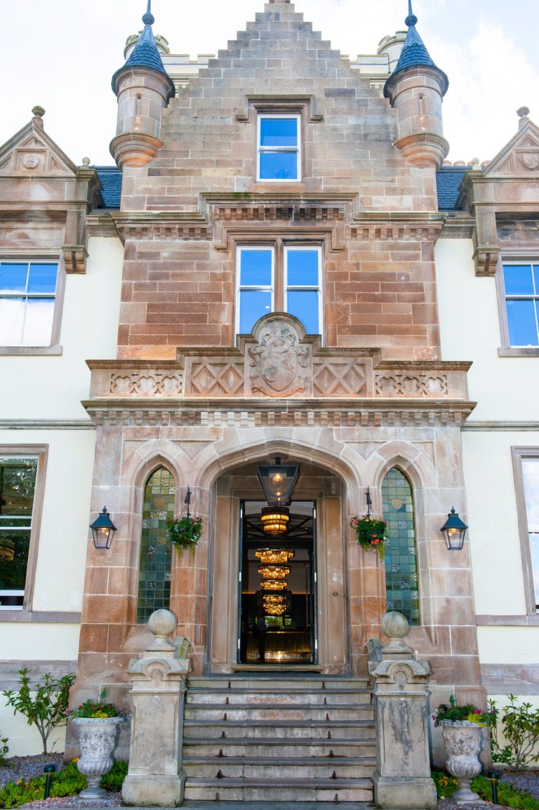 The entrance to Cameron House Hotel, which resembles a manor house.