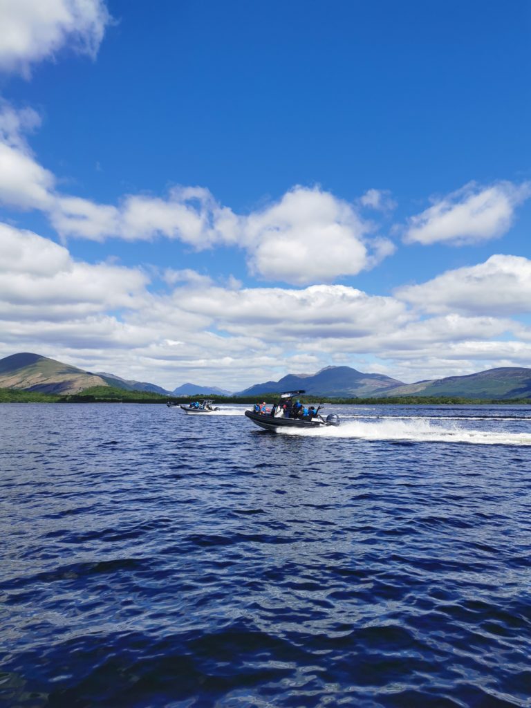 The speedboat races across Loch Lomond during an event in Scotland.