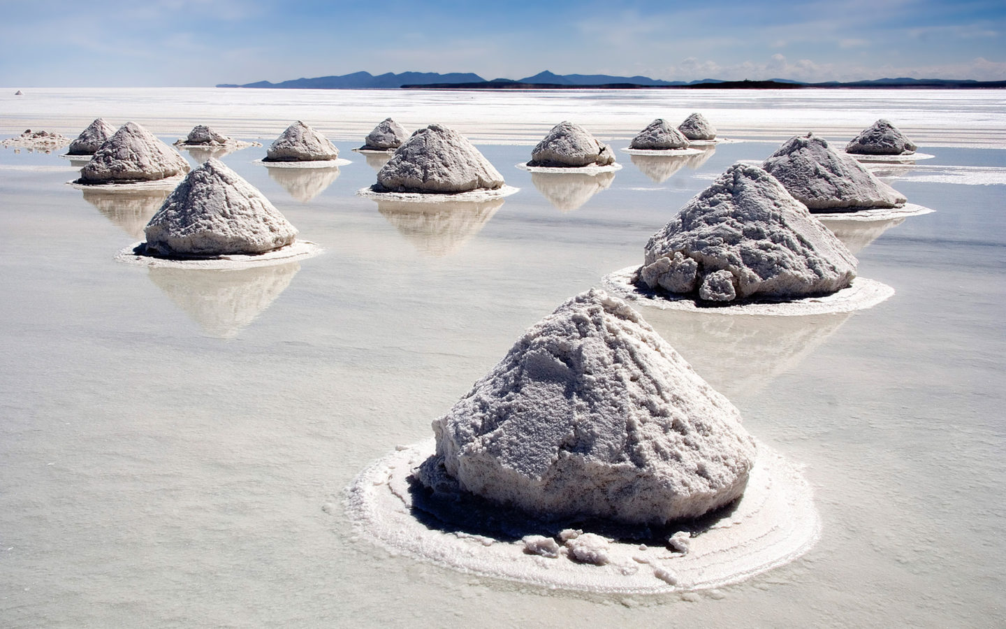 Conical salt piles on the surface of the Salar de Uyuni salt flat