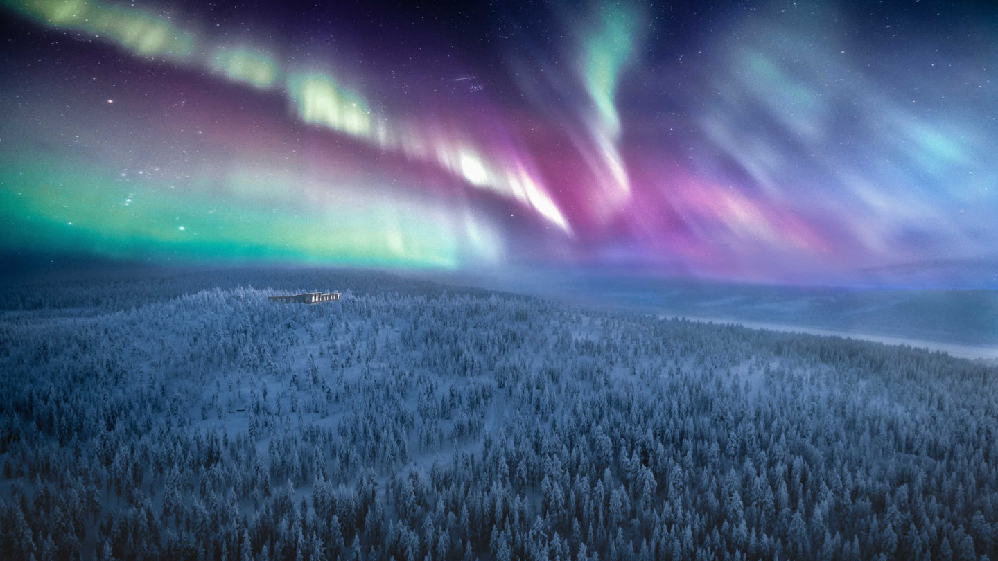 Breathtaking Northern Lights above a snow-covered forest