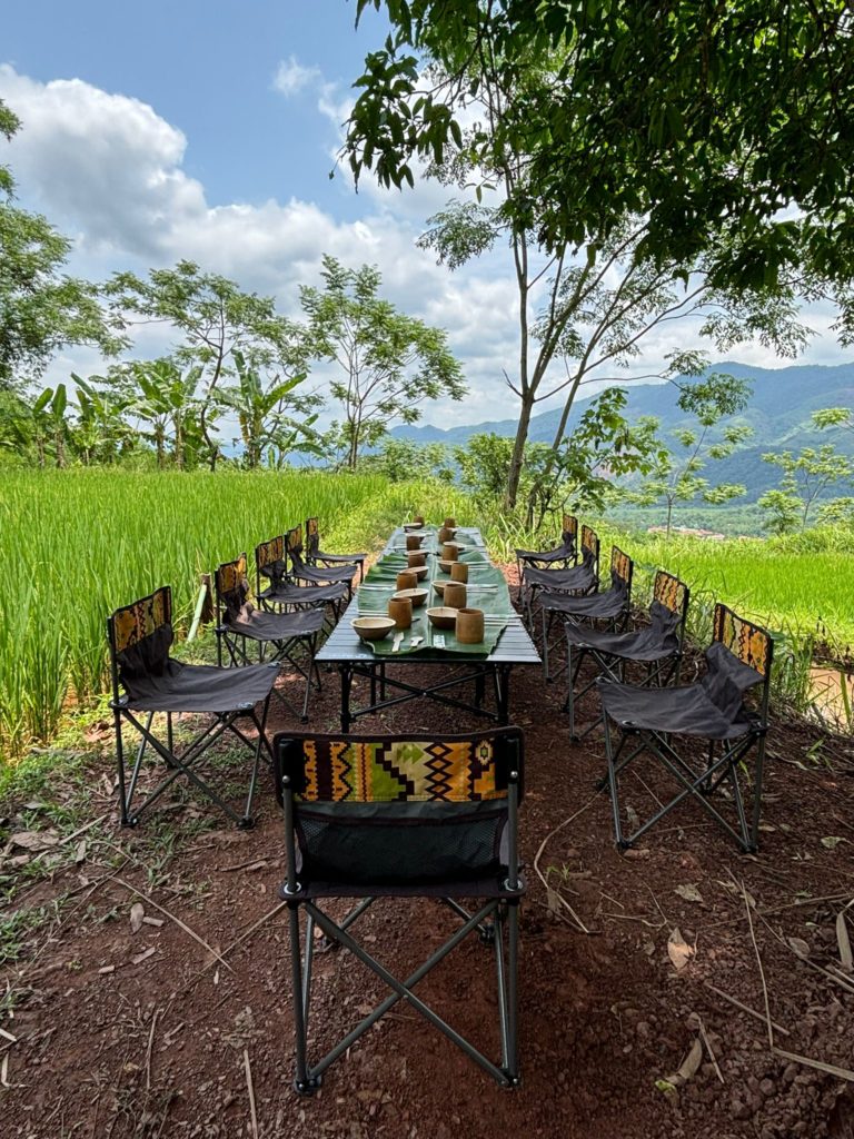 Memorable picnic table set away from the city, in the midst of lush paddy fields