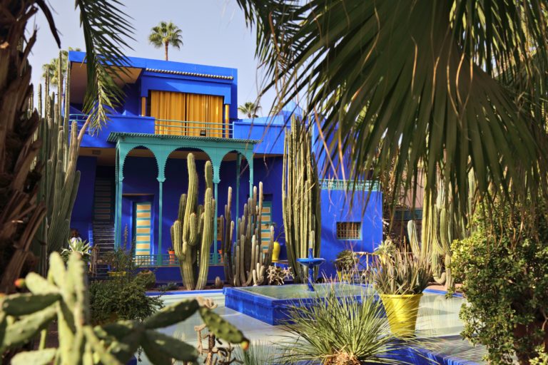 Vibrant blue buildings and lush gardens at the Jardin Majorelle in Marrakech