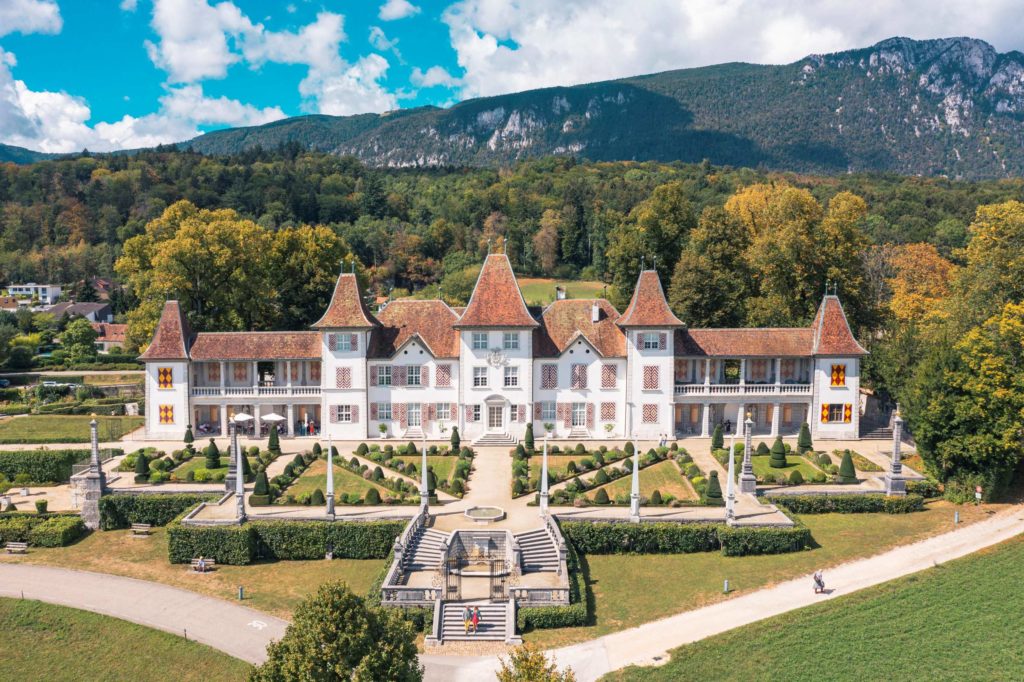 Aerial view of Waldegg Castle near Solothurn, Switzerland, featuring its symmetrical baroque architecture