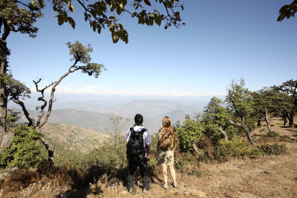 Scenic view from a trail in the Kumaon region of the Himalayas where trekkers looking at mountains and forest