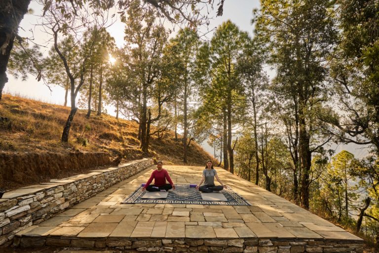 Yoga session at a mountain retreat in the Himalayas
