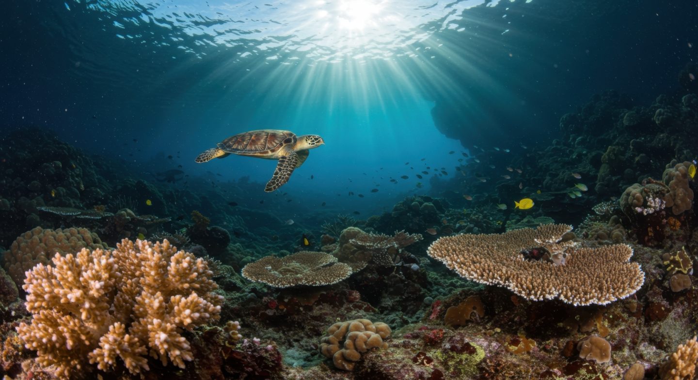 Turtle swims above a colorful coral reef, highlighting the rich marine ecosystem of Raja Ampat